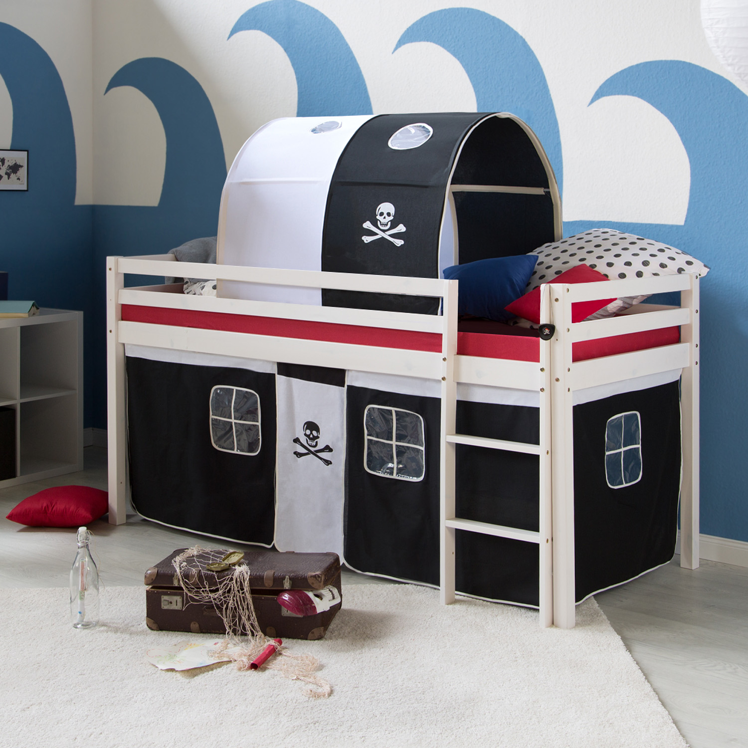 Loft Bed Kids 90x200 cm White with Curtain in Black | Tunnel | with Slatted Frame Loft Bed Kids 90x200 cm White with Curtain in Black | Tunnel | with Slatted Frame