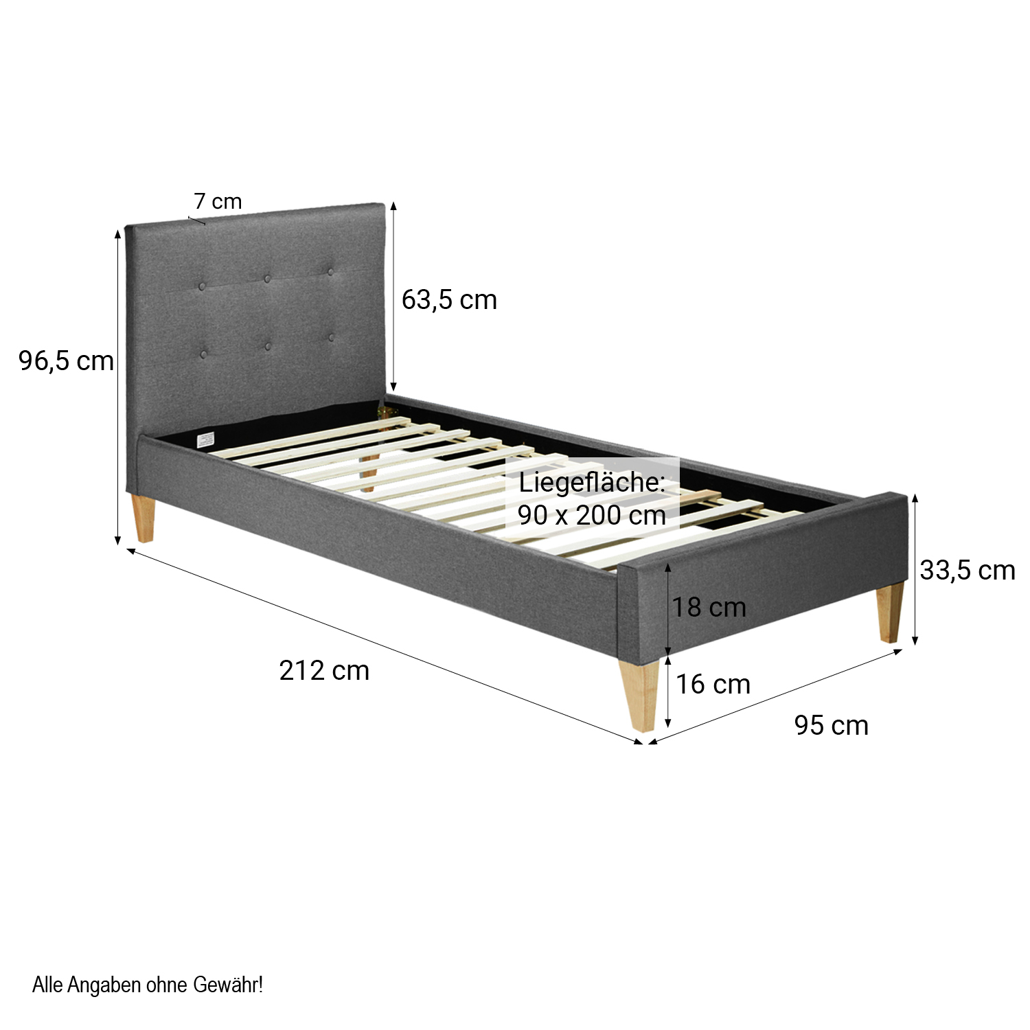 Upholstered Bed with Mattress 90x200 Slatted Frame Double Bed Fabric Bedstead Bed Grey