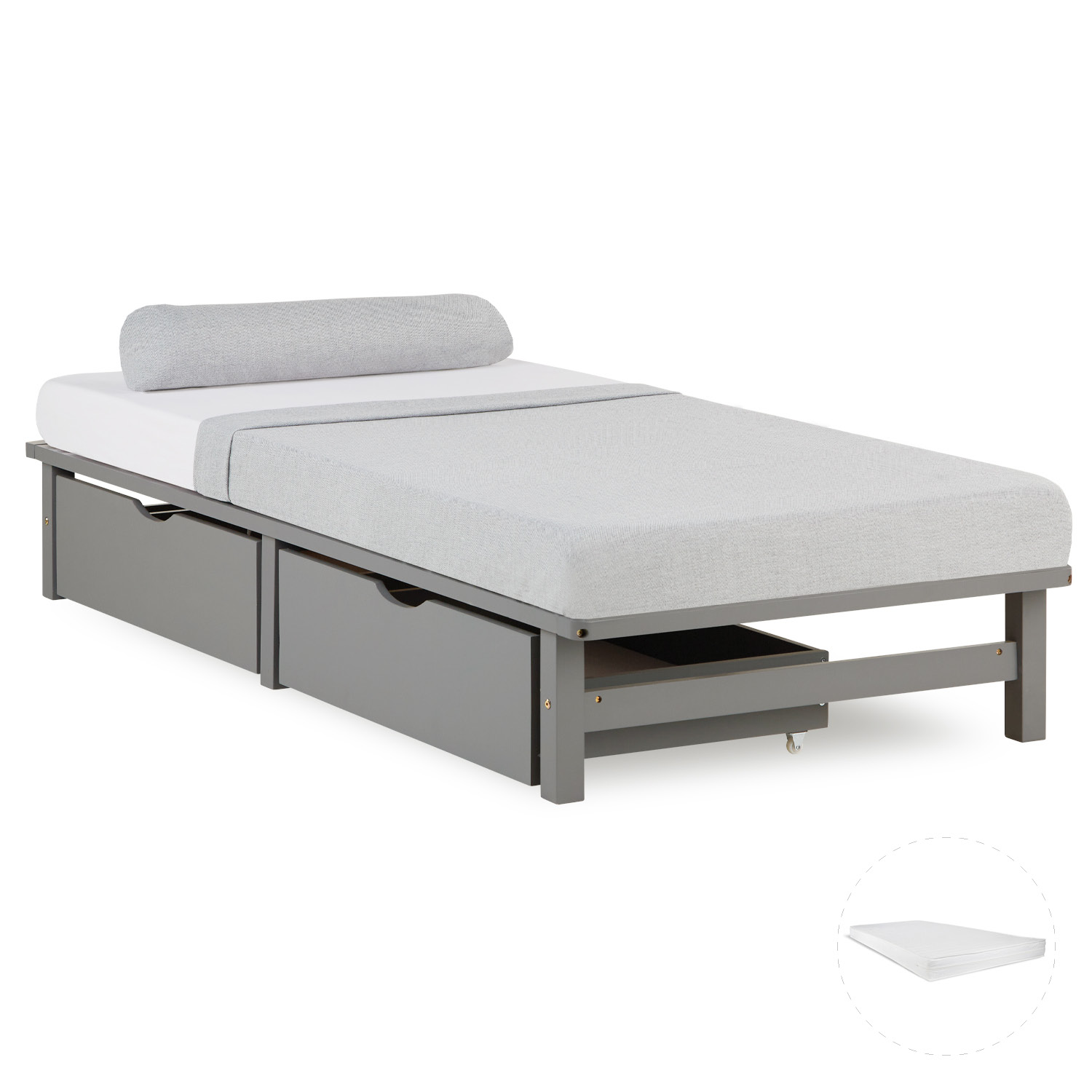 Pallet Bed 90x200 cm Grey | Single Bed with Storage Drawers | with Mattress | Wood | Kids Youth Guest Bedroom