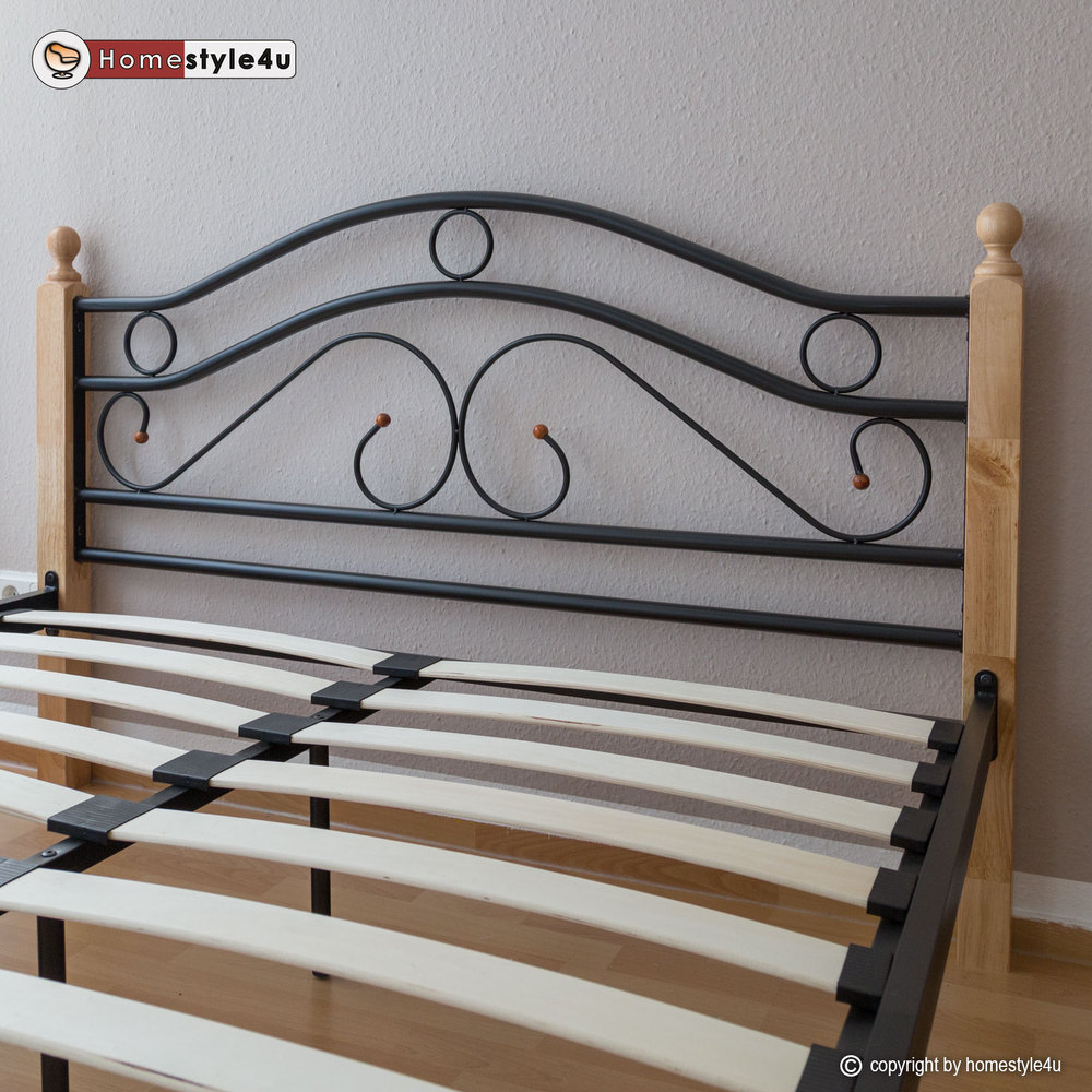 Metal Bed Iron Bed Double 180 x 200 Wood Slatted black natural bed frame 803 Metal Bed Iron Bed Double 160 x 200 Wood Slatted black natural bed frame 803