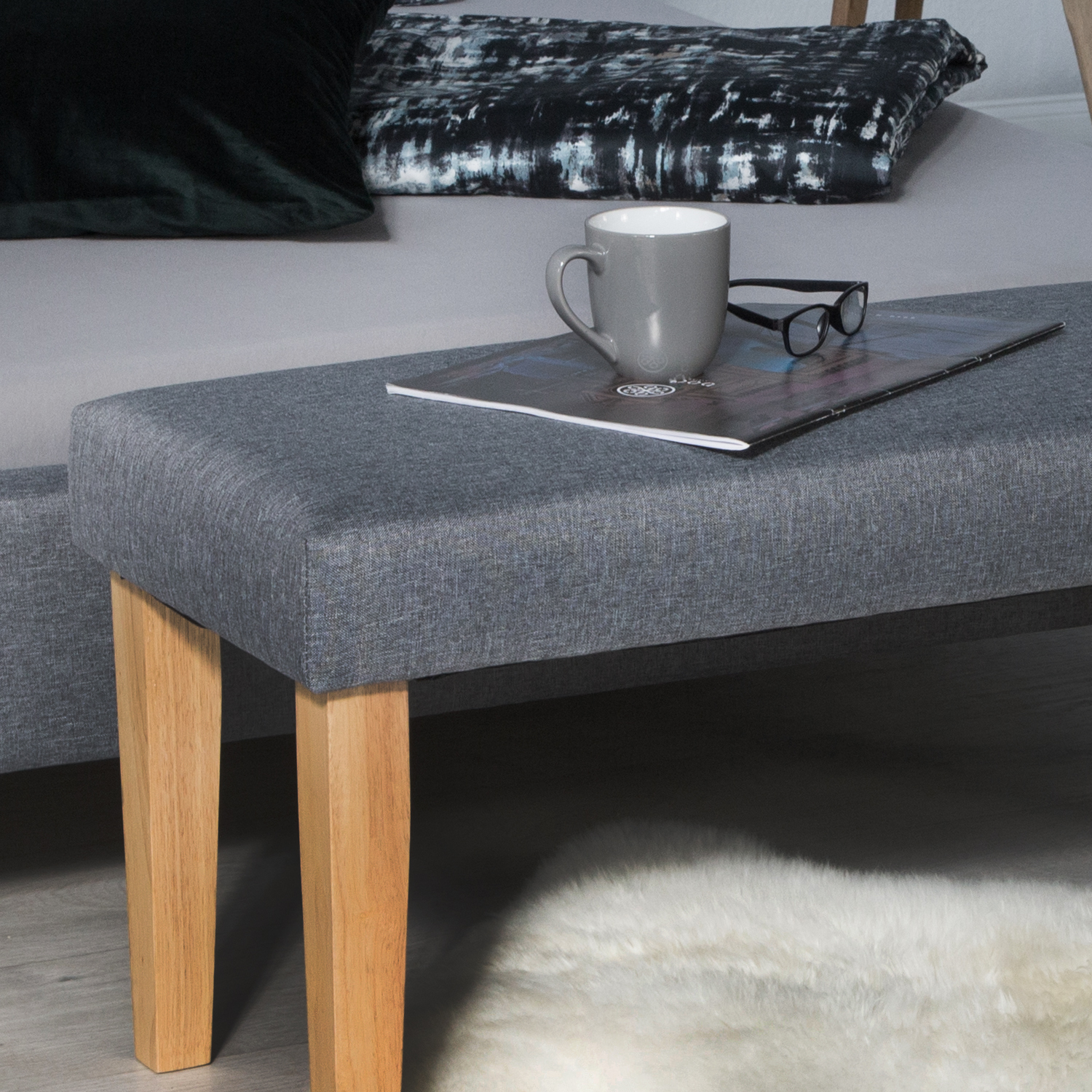 Sitzbank Polsterbank Betthocker grau Beistellbank Holzbank Ottomane