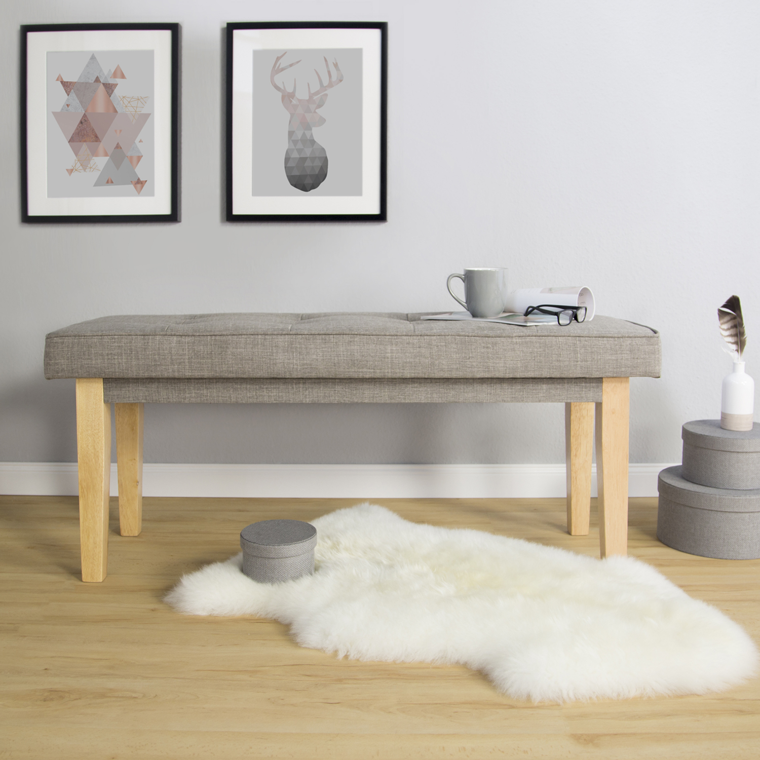 Sitzbank Polster Beistell Hocker 2 Sitzer Bank Holz Natur Ottomane