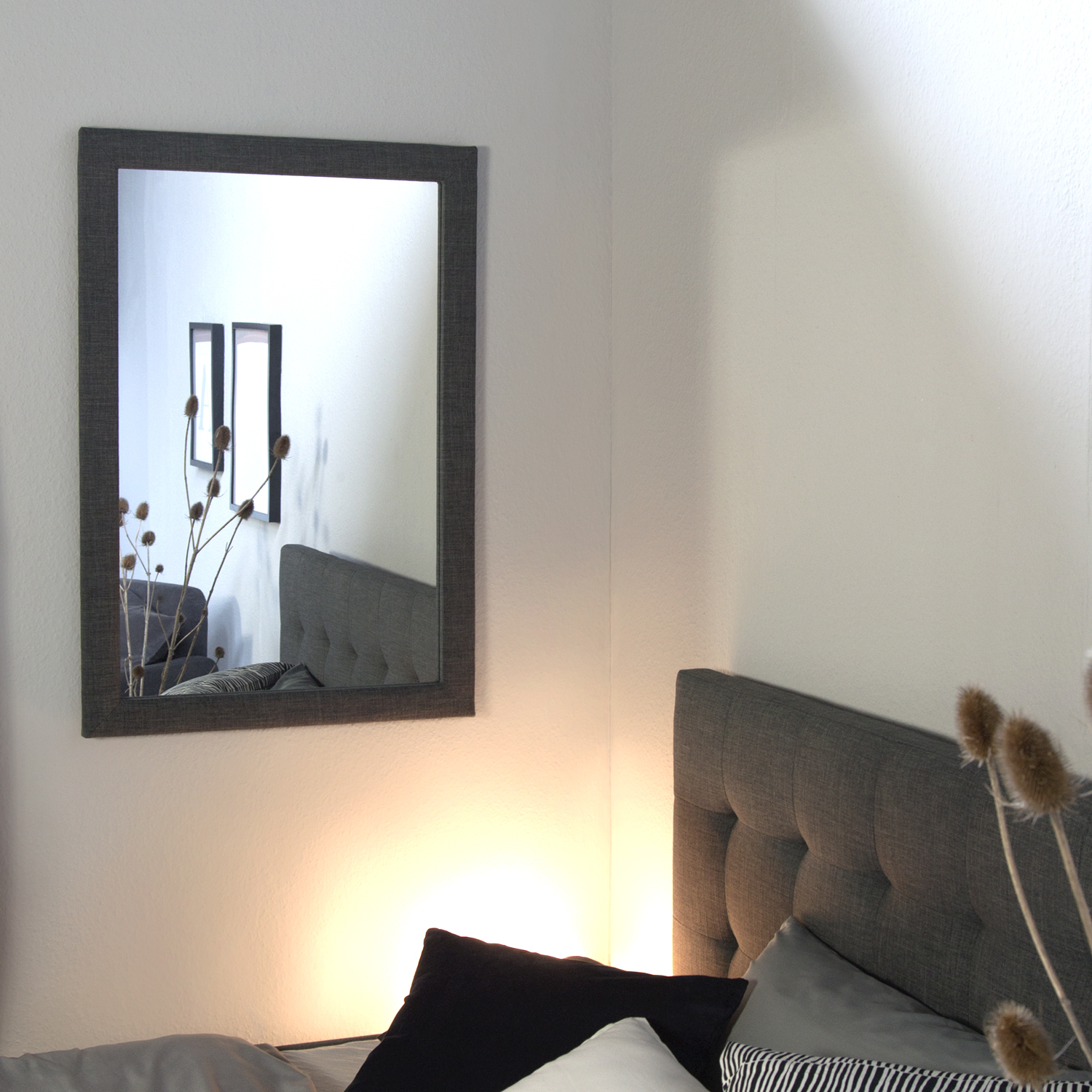 details zu wandspiegel polsterrahmen deko spiegel flur schlafzimmer 70x100  grau homestyle4u