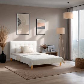 Small Double Bed 140x200 cm with Mattress Bouclé Beige Upholstered Bed with Slatted Frame Fabric Bed Frame