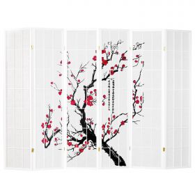 Screen room divider, 6 parts, wood rice paper white, cherry pattern, height 179 cm