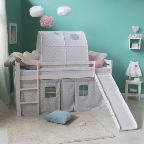 Loftbed with Slide 90x200 cm Mattress Bunk bed Childrens bed Solid Pine Wood Tunnel Curtain Grey Stars Slats