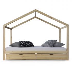 Lit Enfant 90x200 cm Naturel | Lit Cabane avec Tiroirs | Lit Simple | avec Sommier | Bois